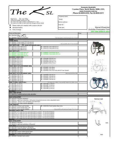 Manual Wheelchair Australian Prescription Form EPF ... - Invacare