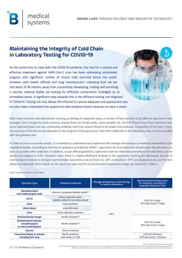 B Medical Systems - Maintaining the integrity of cold chain in laboratory testing COVID19 - White Paper