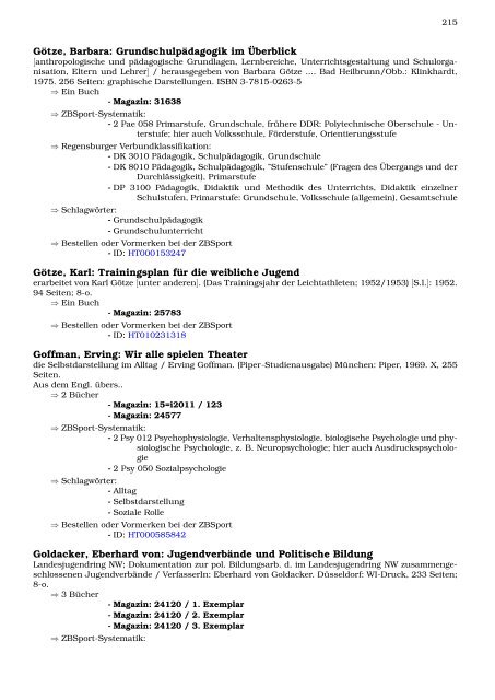 Neukatalogisate ZBSport - Zentralbibliothek der Sportwissenschaften