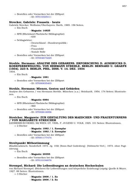 Neukatalogisate ZBSport - Zentralbibliothek der Sportwissenschaften