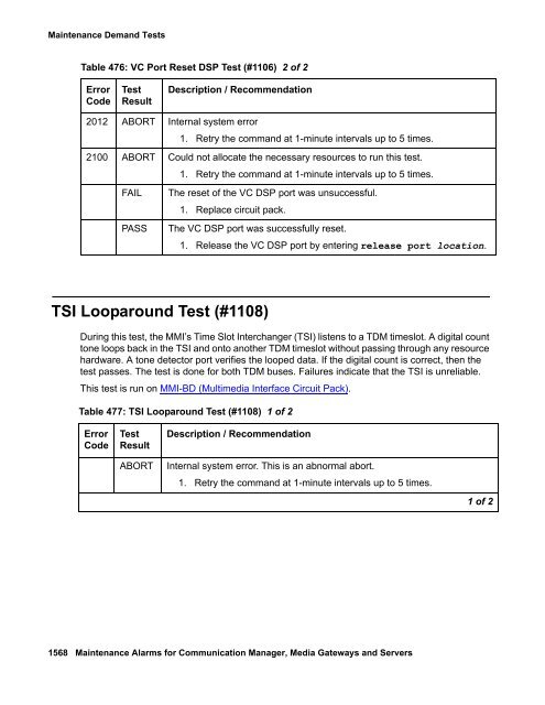 Demand test descriptions and error codes - Avaya Support