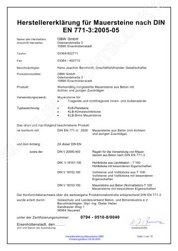 Herstellererklärung für Mauersteine nach DIN EN 771-3:2005-05