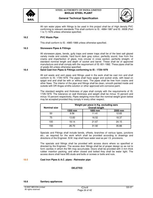 SAIL General Technical Specification - Engineering Projects India Ltd.