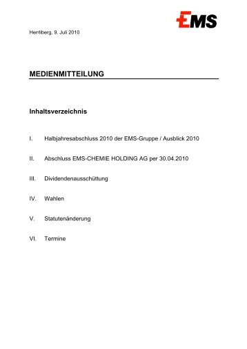 MEDIENMITTEILUNG Inhaltsverzeichnis - Ems-Chemie