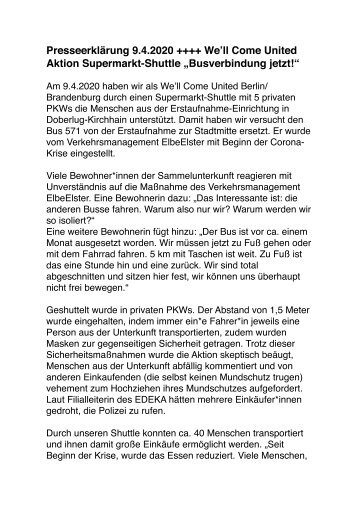 Presseerklärung 9.4.2020 ++++ We’ll Come United Aktion Supermarkt-Shuttle „Busverbindung jetzt!“