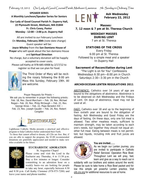 Mass Intentions For the week of February 19, 2012