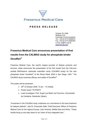 P R E S S R E L E A S E Fresenius Medical Care announces ...