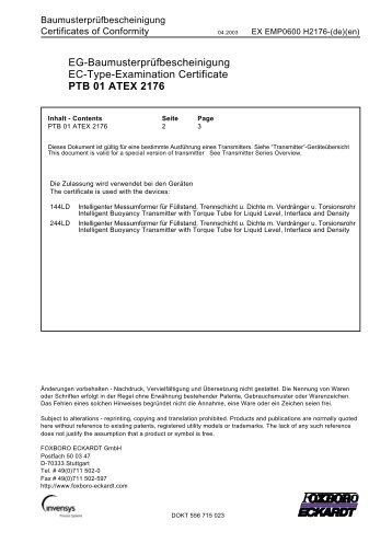 PTB 01 ATEX 2176 - FOXBORO ECKARDT GmbH