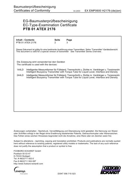 PTB 01 ATEX 2176 - FOXBORO ECKARDT GmbH