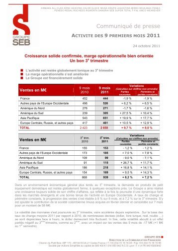 activite des 9 premiers mois 2011 - Groupe SEB