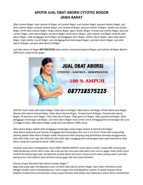 Klinik Apotik Jual Obat Aborsi Bogor 087738575225 Obat Cytotec Original