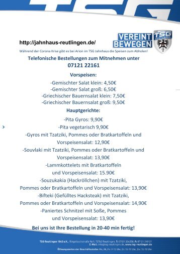  TSG  Jahnhaus Arion Savidis Essen zum Mitnehmen - Support your locals! 20 04 2020