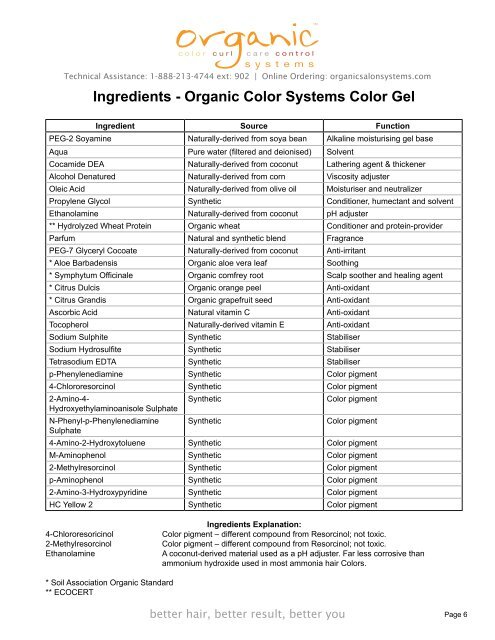 Technical Assistance: 1-888-213-4744 - Organic Color Systems