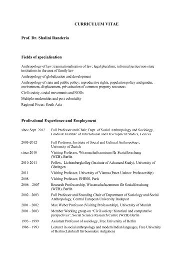 CURRICULUM VITAE Prof. Dr. Shalini Randeria Fields of ...