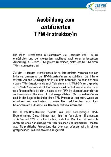 Ausbildung zum zertifizierten TPM-Instruktor/in - CETPM