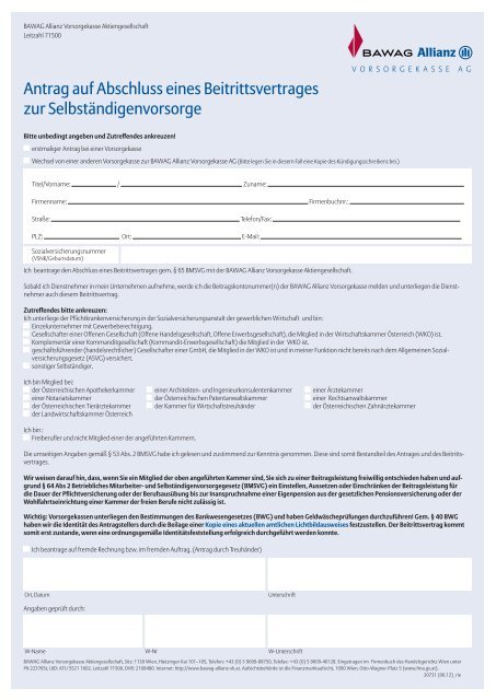 Antrag Bawag Allianz Vorsorgekasse Ag