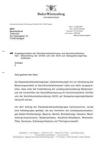 Anhörungsschreiben für BW Deregulierungsentwürfe