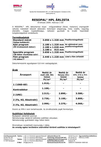 RESOPAL® HPL ÁRLISTA - mys.hu