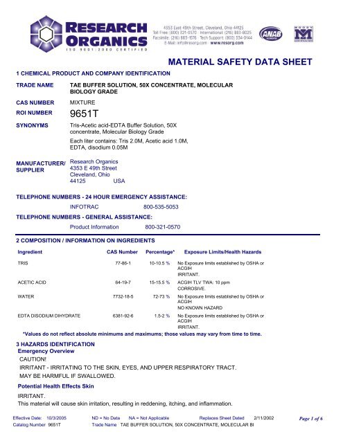 MATERIAL SAFETY DATA SHEET - Research Organics