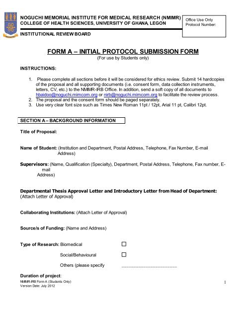 FORM A – INITIAL PROTOCOL SUBMISSION FORM - Noguchi