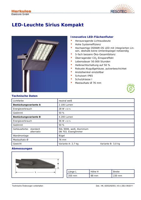 LED-Leuchte Sirius Kompakt - Herkules-Resotec Elektronik GmbH