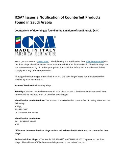 Notification of Counterfeit Products Found in the Kingdom of Saudi Arabia 