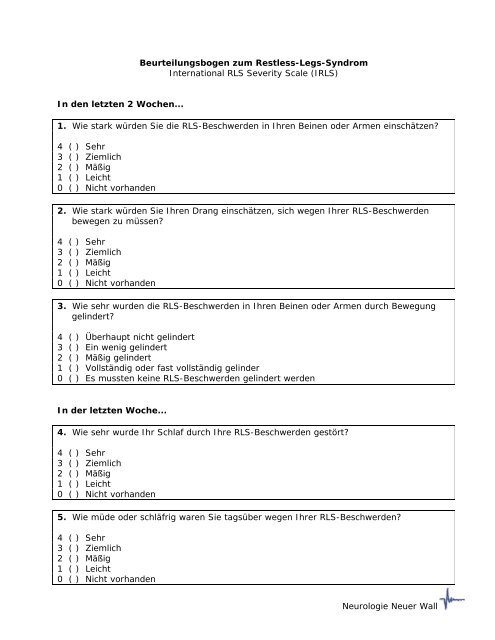 Beurteilungsbogen zum Restless-Legs-Syndrom - Neurologie ...