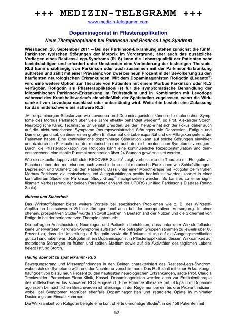 Dopaminagonist in Pflasterapplikation - medizin-telegramm