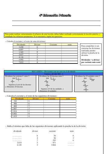 -. Calcula el cociente y el resto de las siguientes divisiones: -. Halla ...