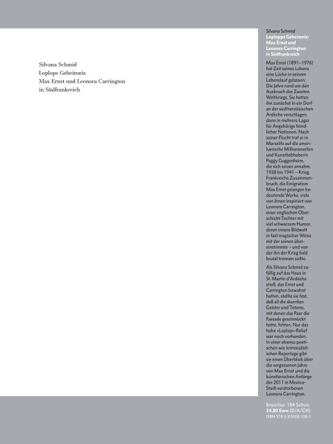 SILVANA SCHMID: LOPLOPS GEHEIMNIS · MAX ERNST UND LEONORA CARRINGTON IN SÜDFRANKREICH    (Büchse der Pandora)  · ISBN 978-3-88178-338-1