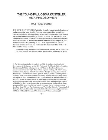 THE YOUNG PAUL OSKAR KRISTELLER AS A PHILOSOPHER