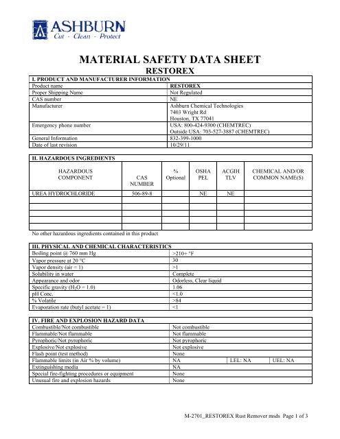 material safety data sheet restorex - Ashburn Chemical Technologies
