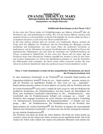 Antonio Negri ZWANZIG THESEN ZU MARX Interpretation der ...
