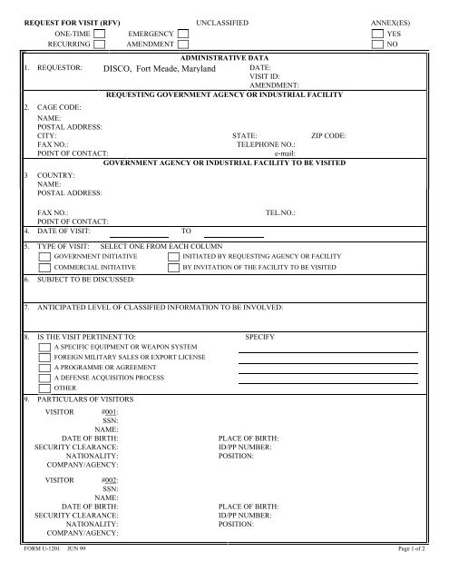 Request For Visit RFV Form Defense Security Service