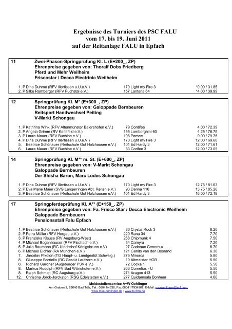 Ergebnisse des Turniers des PSC FALU vom 17. bis 19. Juni 2011 ...