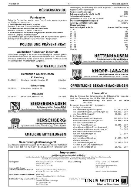 amtliche mitteilungen - Verbandsgemeinde Wallhalben