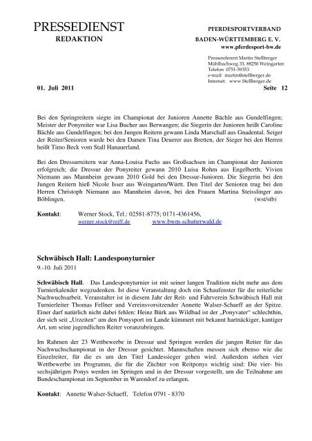 pressedienst - Verband der Pferdesportvereine Nordbaden