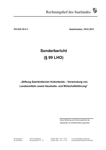 Sonderbericht (§ 99 LHO) - Rechnungshof des Saarlandes - Saarland