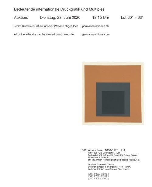 Kunst Auktion 22. - 23. Juni 2020, Germann Auktionshaus Zürich