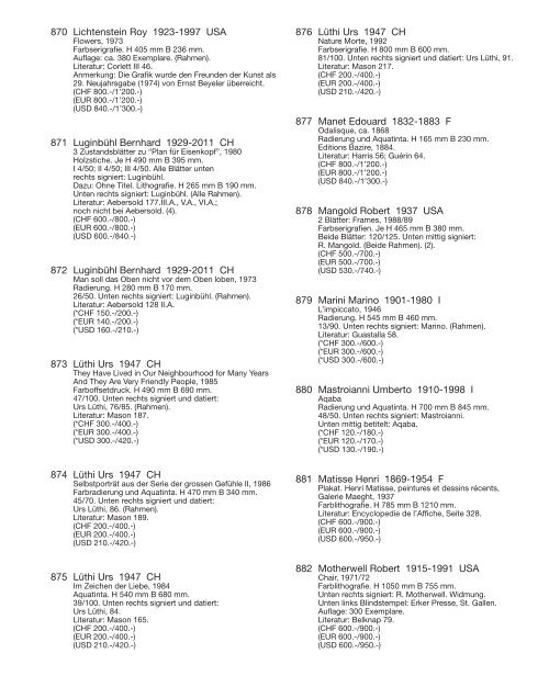 Kunst Auktion 22. - 23. Juni 2020, Germann Auktionshaus Zürich