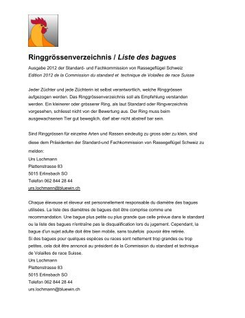 Ringgrössenverzeichnis / Liste des bagues - Kleintiere Schweiz