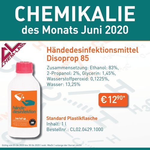 Händedesinfektionsmittel Disoprop 85 von Chem-Lab - Chemikalie des Monats Juni 2020