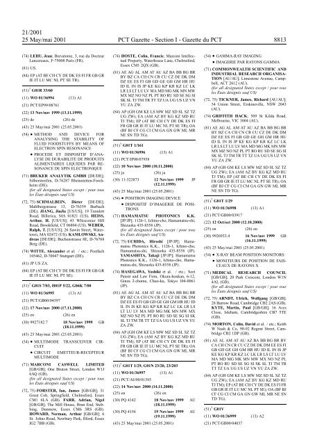 PCT/2001/21 : PCT Gazette, Weekly Issue No. 21, 2001 - WIPO