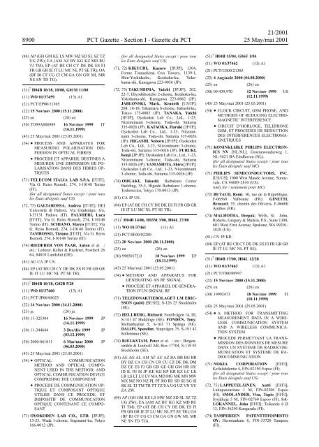 PCT/2001/21 : PCT Gazette, Weekly Issue No. 21, 2001 - WIPO