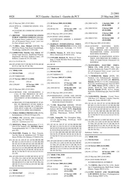 PCT/2001/21 : PCT Gazette, Weekly Issue No. 21, 2001 - WIPO