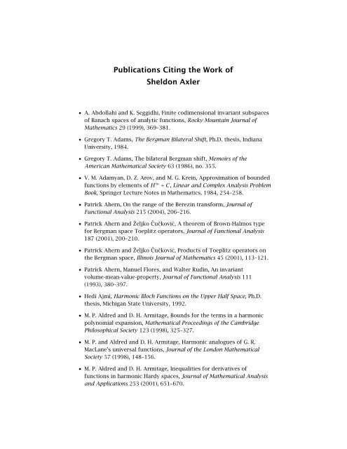 Publications Citing The Work Of Sheldon Axler Sheldon Axler S
