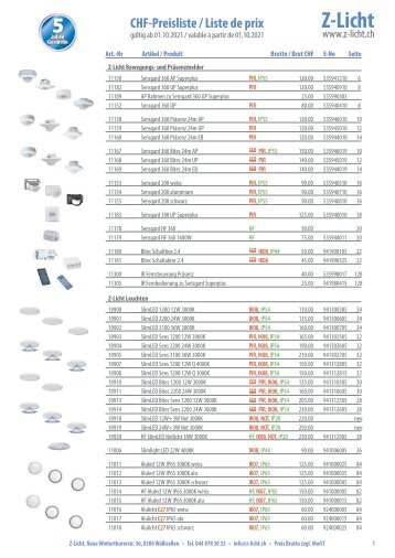 Preisliste Z-Licht Schweiz 2021/22