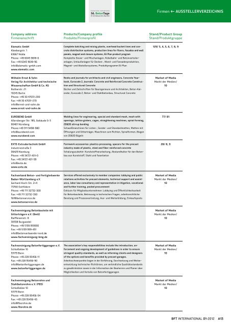 EXHIBITORS LIST AUSSTELLERVERZEICHNIS - BFT International