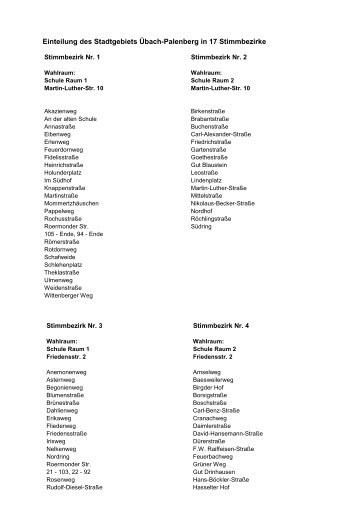 Einteilung des Stadtgebiets Übach-Palenberg in 17 Stimmbezirke