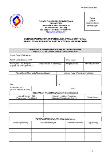 borang permohonan penyelidik pasca doktoral application form for ...